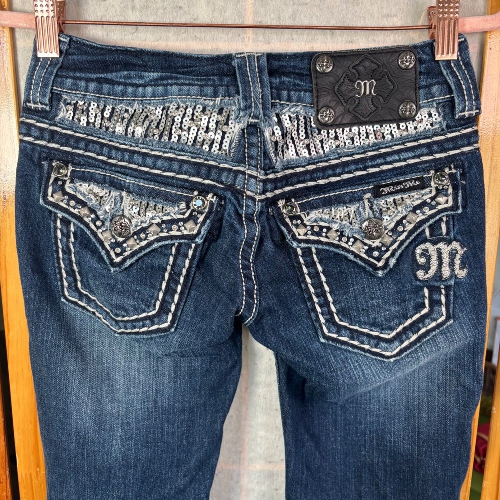 Miss Me Flare Jeans 24 Blue Sequin Embellished Thick Stitch Y2K